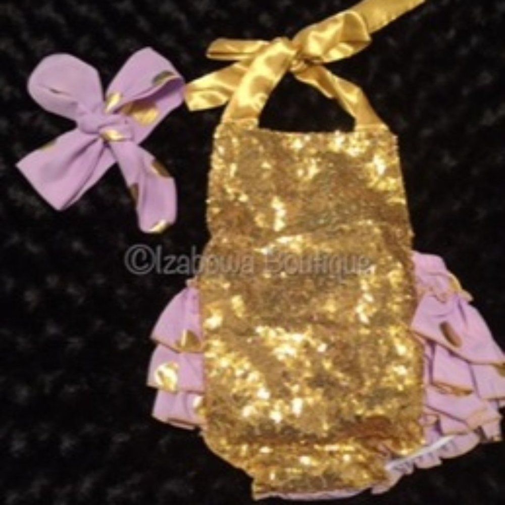 Gold Sequin & Purple Polka Dot Bubble Romper  PGG12  NWT Boutique